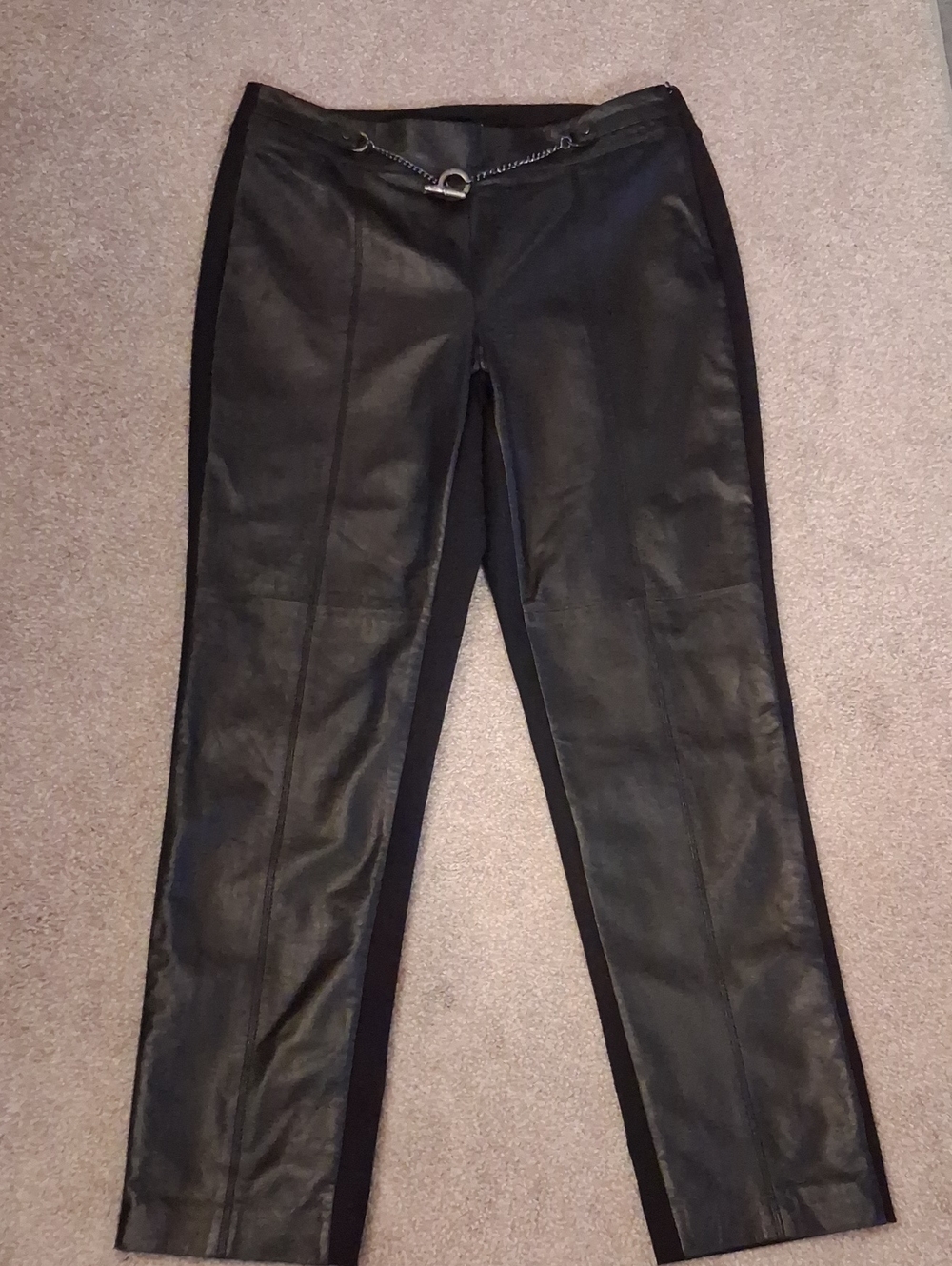 Women's Worth Black Genuine Leather Straight Stretch Pants Front Chain Detail 10